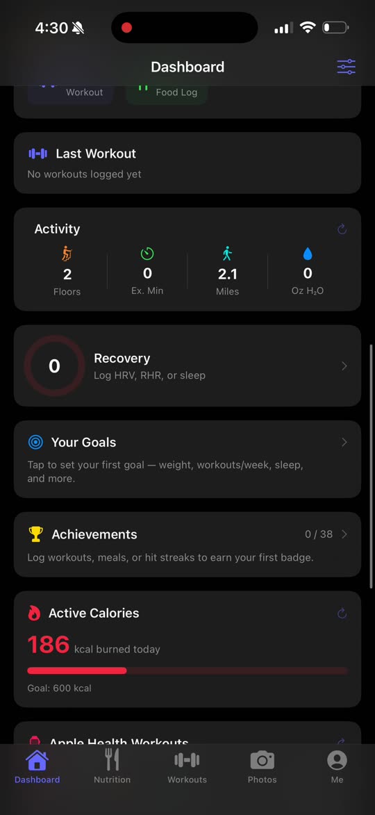 Forgd dashboard showing activity, recovery, goals, and achievements