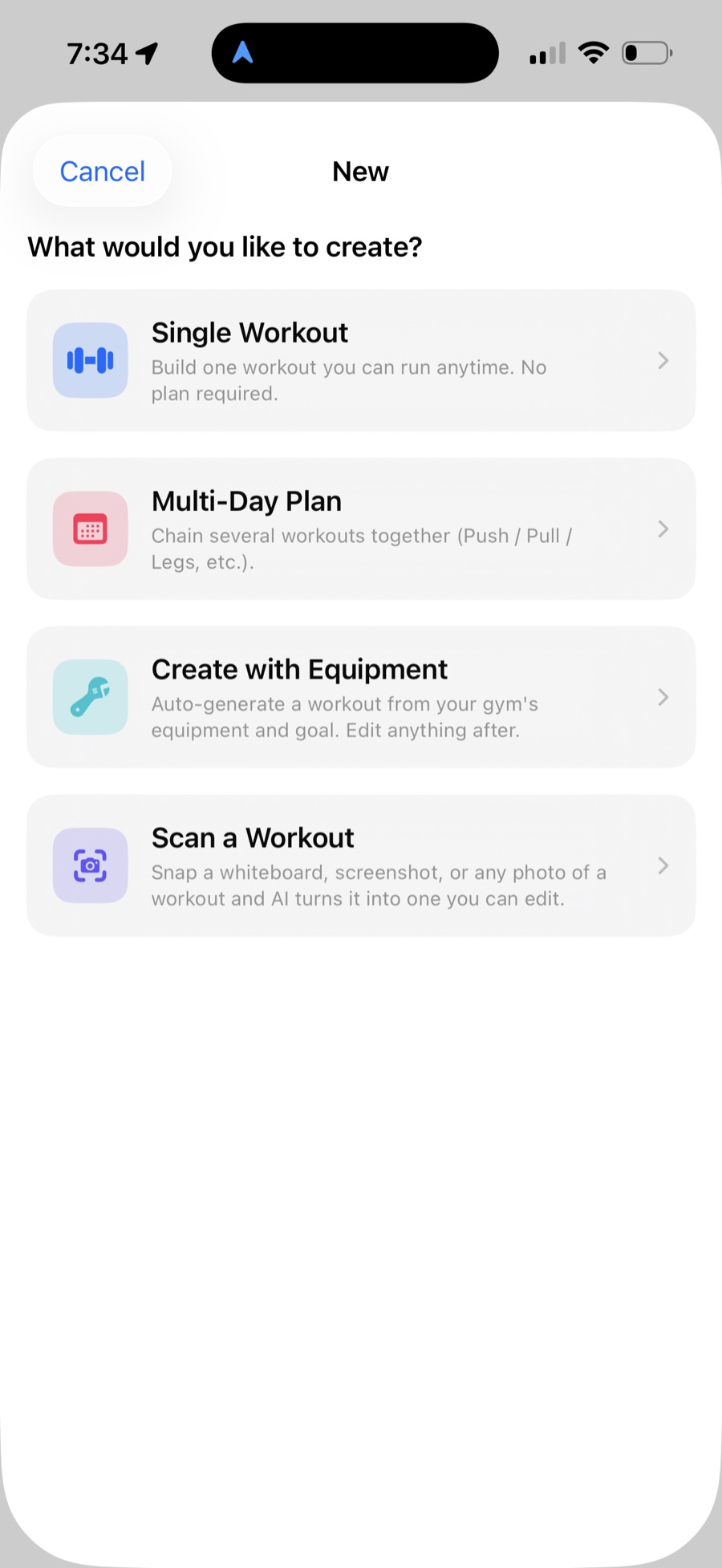 Forgd create menu: build a workout from your equipment and goal, or scan an existing one