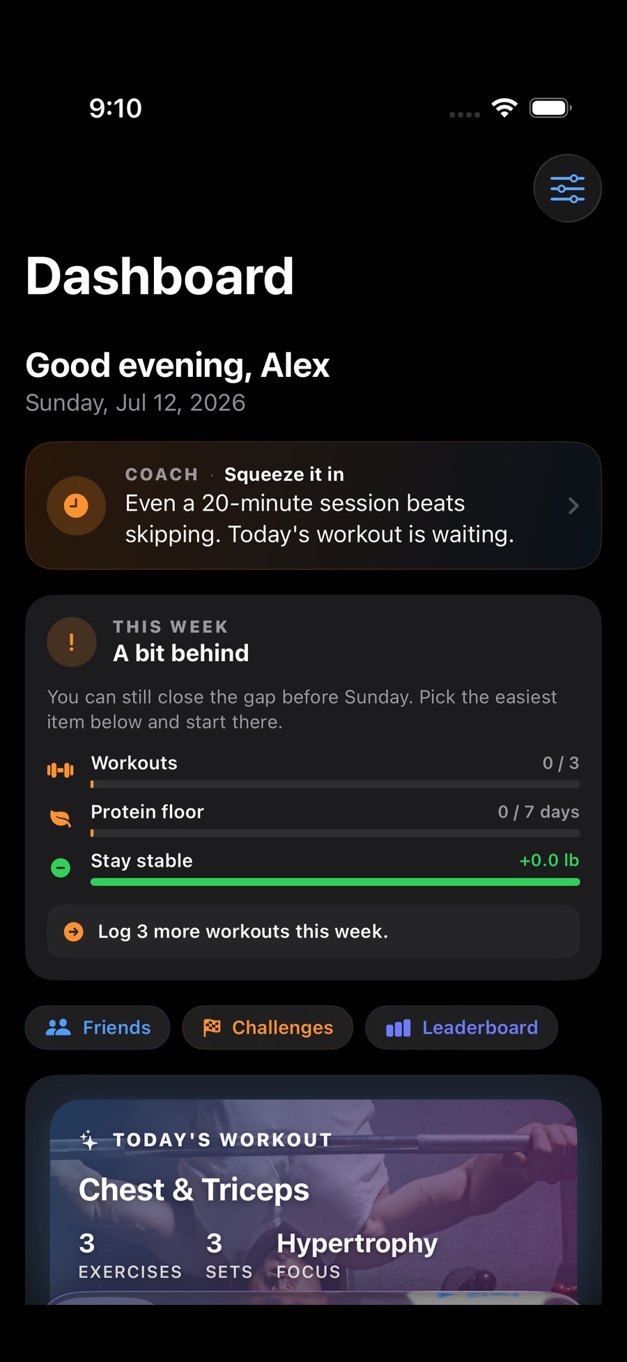 Forgd dashboard in dark mode, a personalized daily view with a coach note and this week's progress