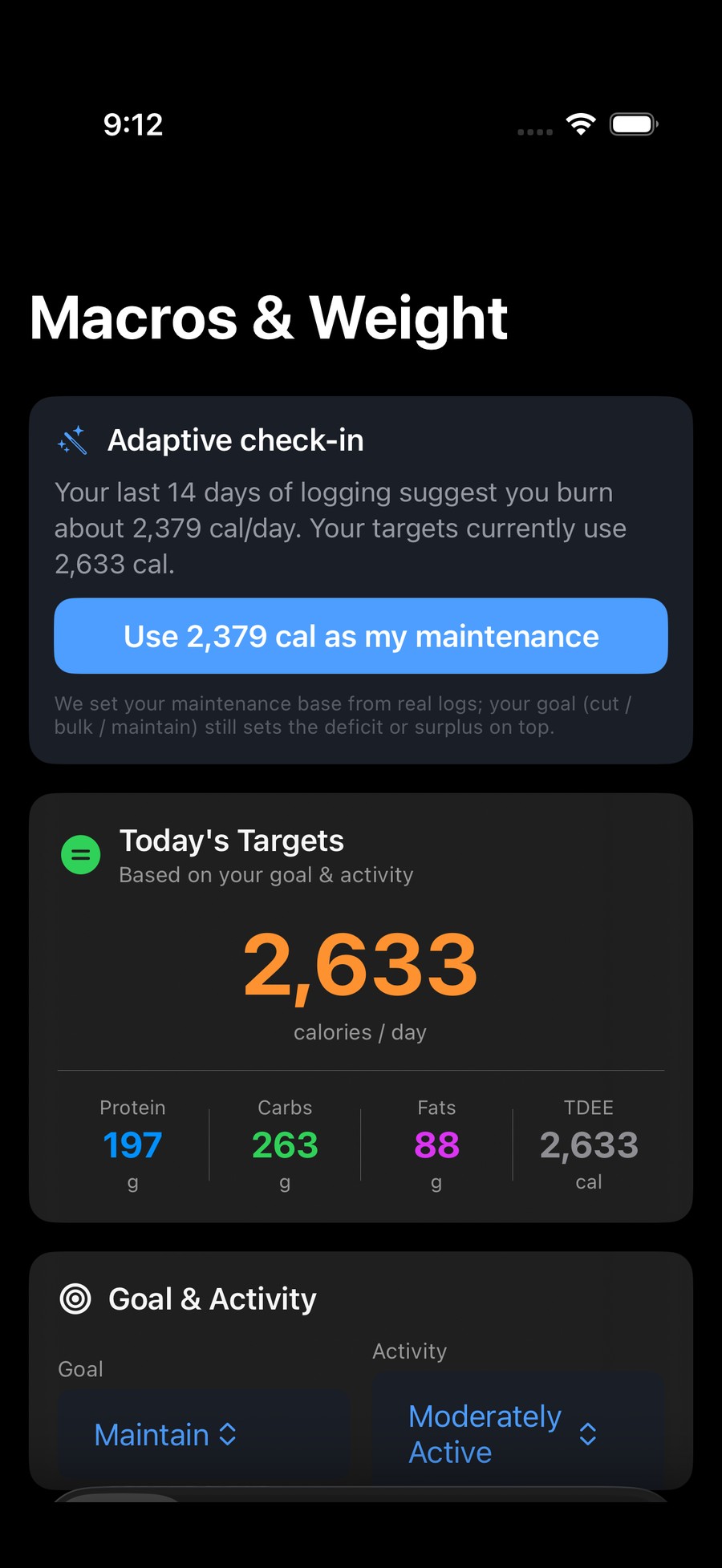 Forgd macros and weight targets in dark mode, adaptive calories with a protein, carb and fat breakdown