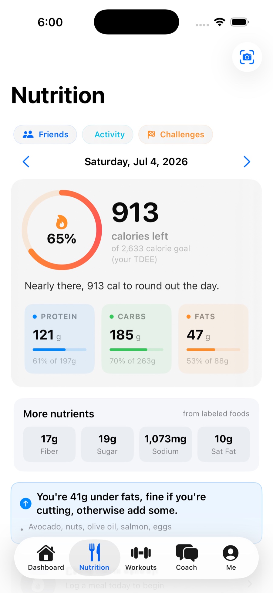 Forgd nutrition screen with calories remaining and a live macro breakdown