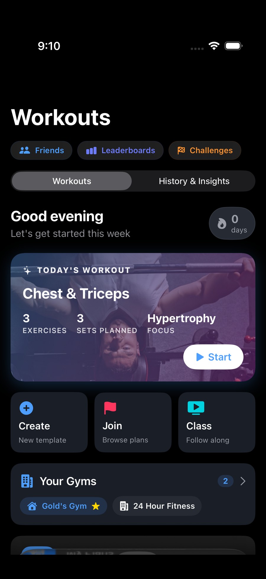 Forgd workouts screen in dark mode with today's workout and options to create or join a program