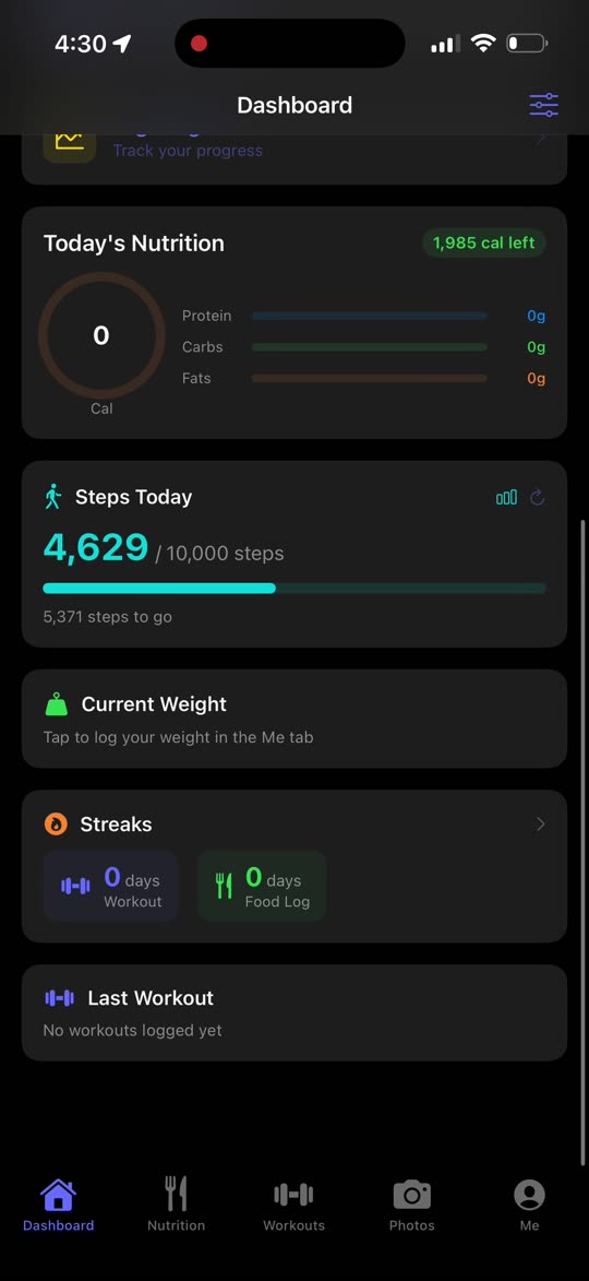 Forgd app dashboard showing nutrition, steps, and weight tracking