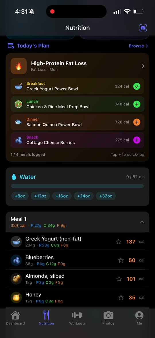 Nutrition meal plan with macros and water tracking