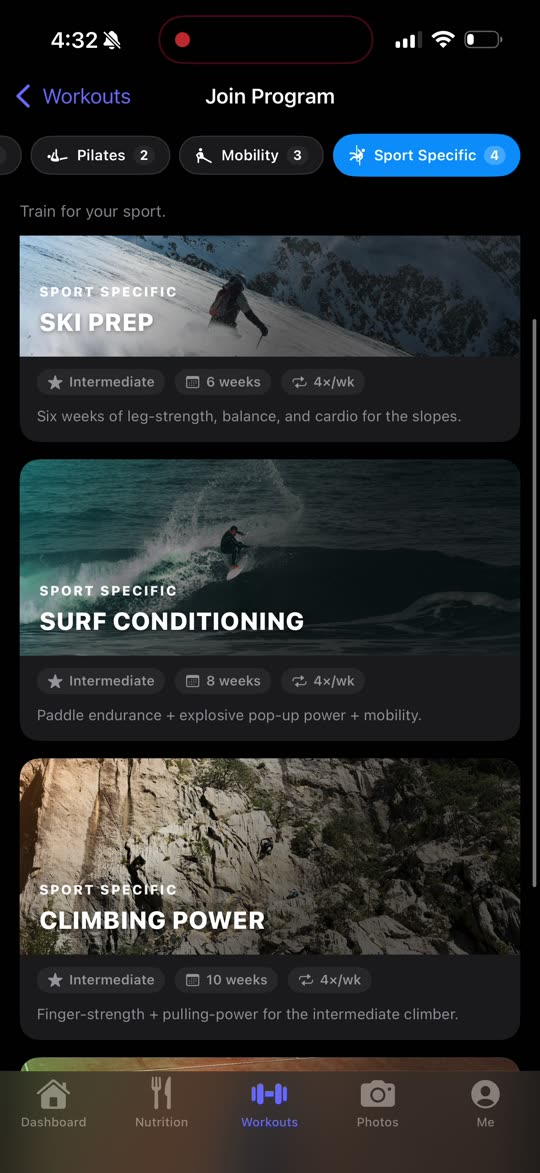 Workouts library with sport-specific programs